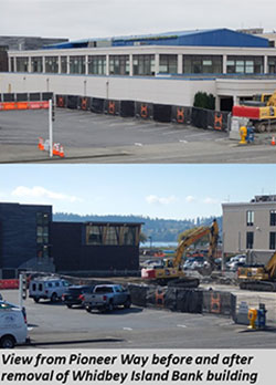 View from Pioneer Way before and after removal of Whidbey Island Bank building