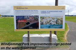 Windjammer Park improvements sign posted on teh waterfront trail.