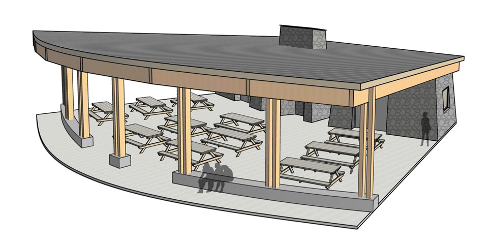 Drawing of a future kitchen with three open sides and four rows of picnic tables under the roof.