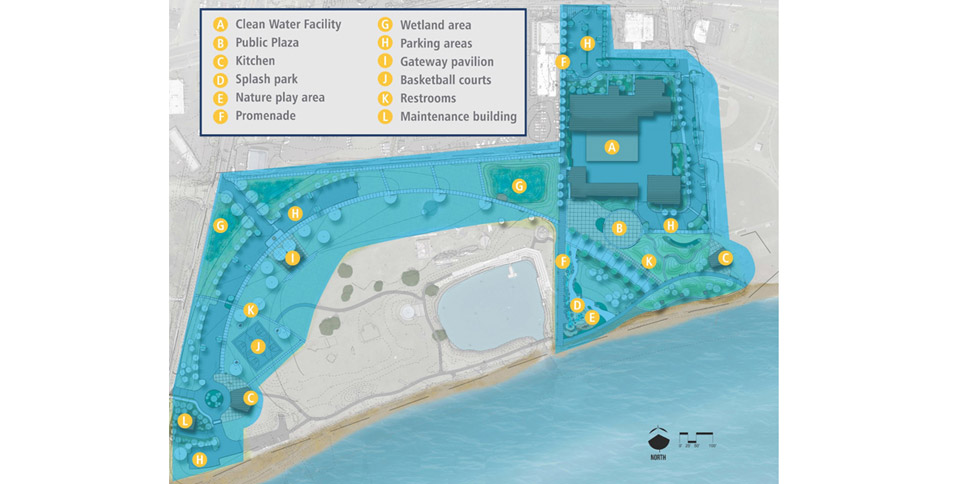 The intermediate design of Windjammer Park, including Clean Water Facility, public plaza, two kitchens, a splash park, nature play area, promenade, wetland area, four parking areas throughout the park, a gateway pavilion near SW Beeksma Drive, basketball courts, two restrooms, and a maintenance building.