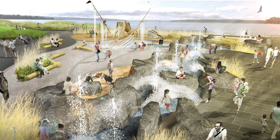 A drawing of the future splash park, showing families with small children on artificial rocks with fixtures that spray water into the air. A half-sunken pirate ship is included for playing. The nature playground is in the background, with three play structures.